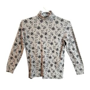 Vintage Northern Isles Gray Floral Print Turtleneck Long Sleeve Top Size M